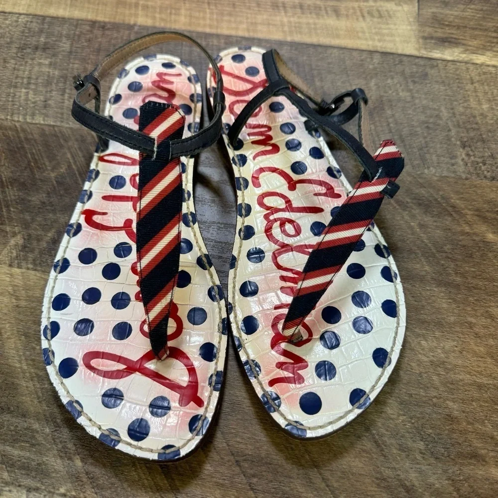 Sam Edelman Gigi Thong Sandals Beach Nautical Polka Dot Strappy Size 8.5